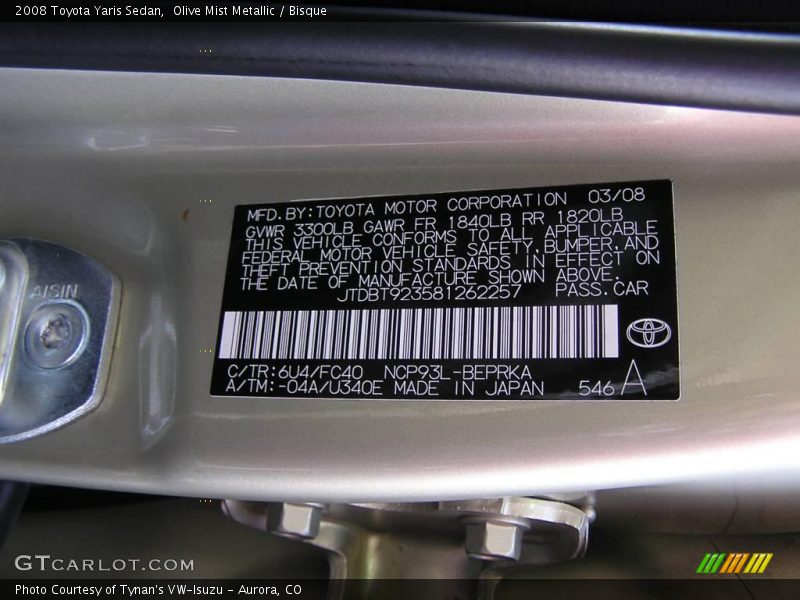 Olive Mist Metallic / Bisque 2008 Toyota Yaris Sedan