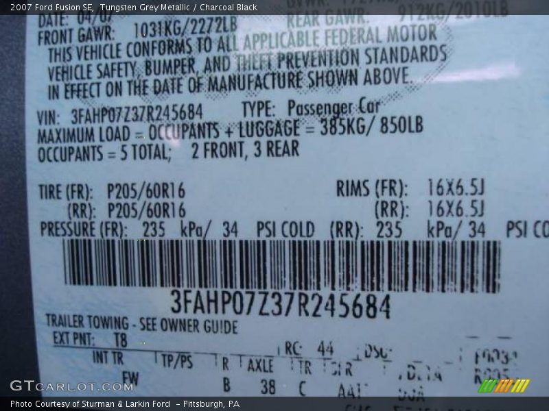 Tungsten Grey Metallic / Charcoal Black 2007 Ford Fusion SE