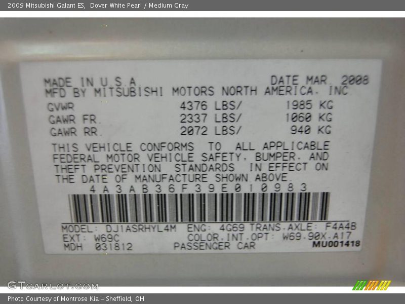 Dover White Pearl / Medium Gray 2009 Mitsubishi Galant ES