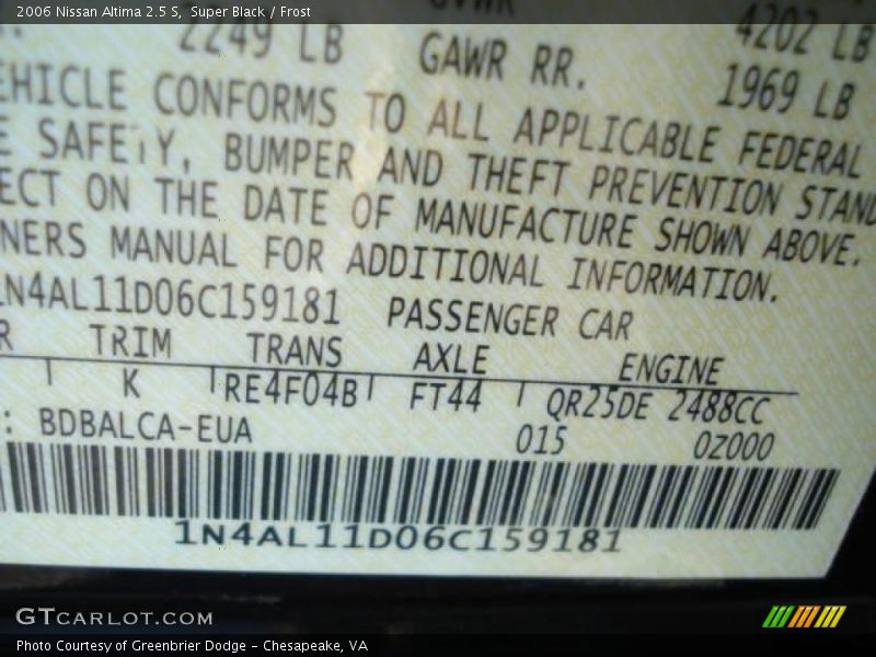 Super Black / Frost 2006 Nissan Altima 2.5 S