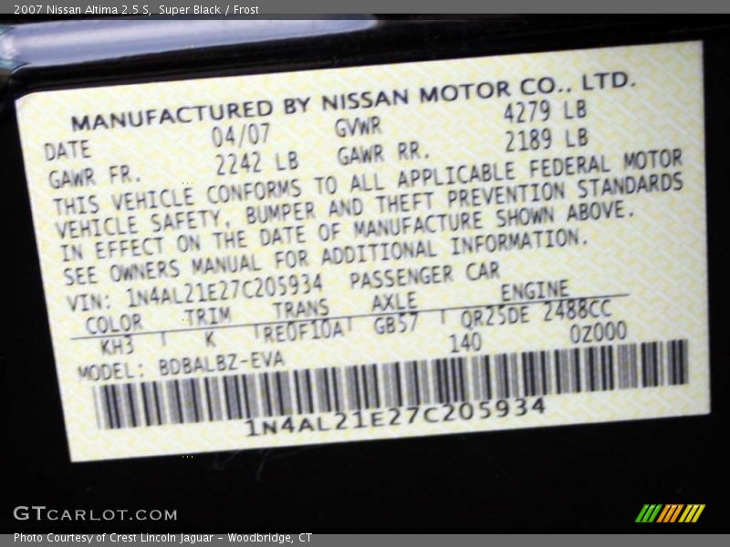 Super Black / Frost 2007 Nissan Altima 2.5 S
