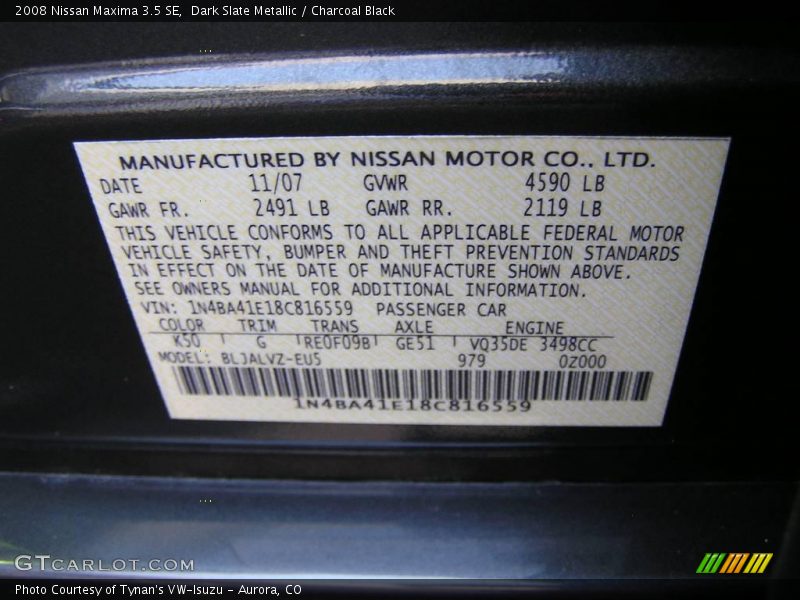 Dark Slate Metallic / Charcoal Black 2008 Nissan Maxima 3.5 SE