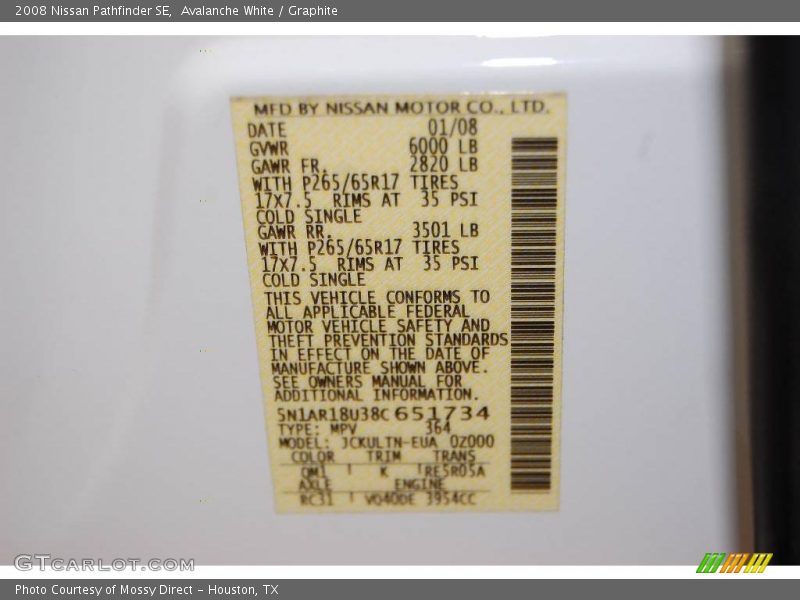 Avalanche White / Graphite 2008 Nissan Pathfinder SE