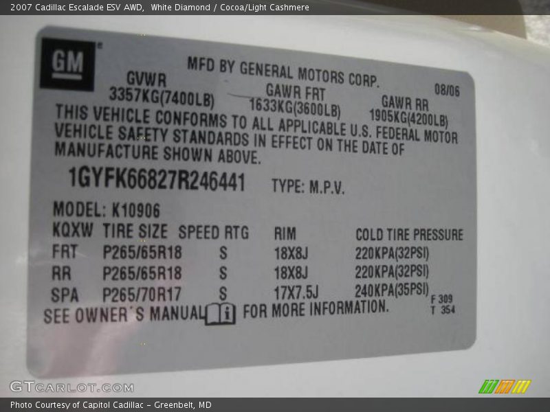 White Diamond / Cocoa/Light Cashmere 2007 Cadillac Escalade ESV AWD