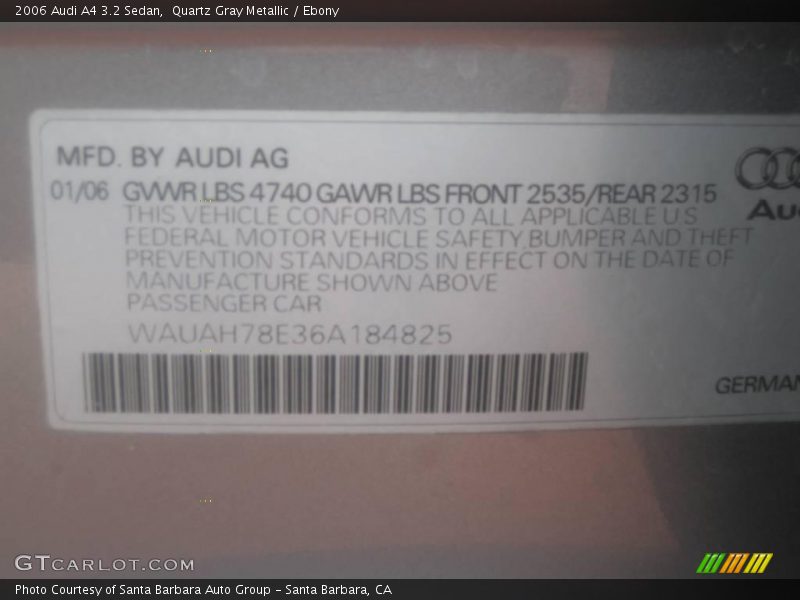 Quartz Gray Metallic / Ebony 2006 Audi A4 3.2 Sedan