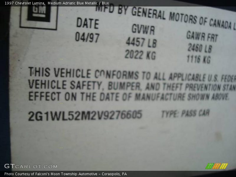 Medium Adriatic Blue Metallic / Blue 1997 Chevrolet Lumina