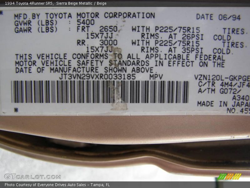 Sierra Beige Metallic / Beige 1994 Toyota 4Runner SR5