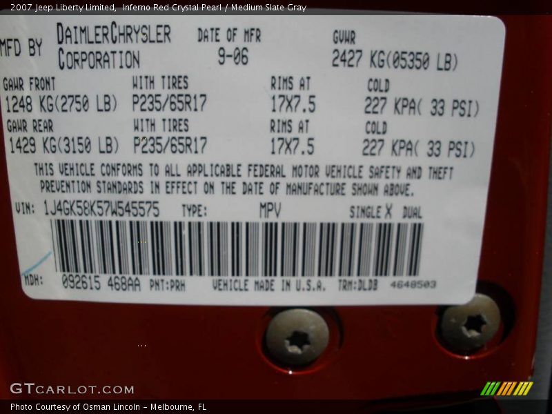 Inferno Red Crystal Pearl / Medium Slate Gray 2007 Jeep Liberty Limited