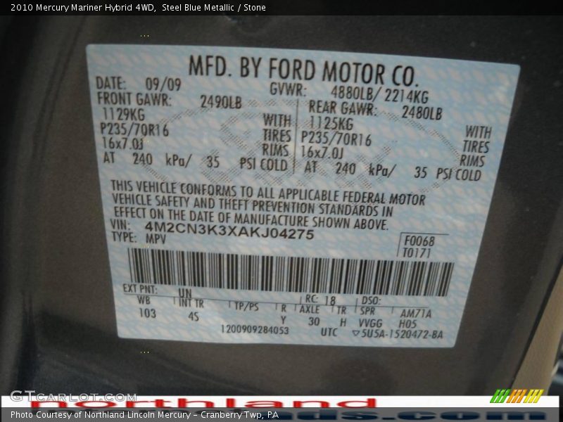 Steel Blue Metallic / Stone 2010 Mercury Mariner Hybrid 4WD