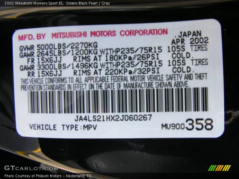 Solano Black Pearl / Gray 2002 Mitsubishi Montero Sport ES