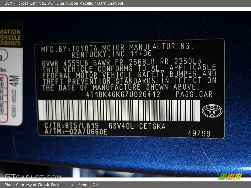 Blue Ribbon Metallic / Dark Charcoal 2007 Toyota Camry SE V6