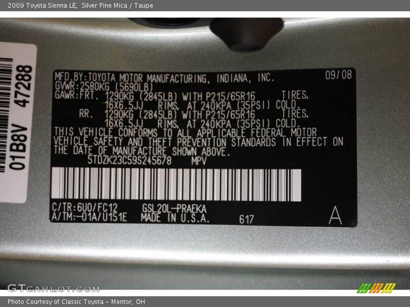 Silver Pine Mica / Taupe 2009 Toyota Sienna LE