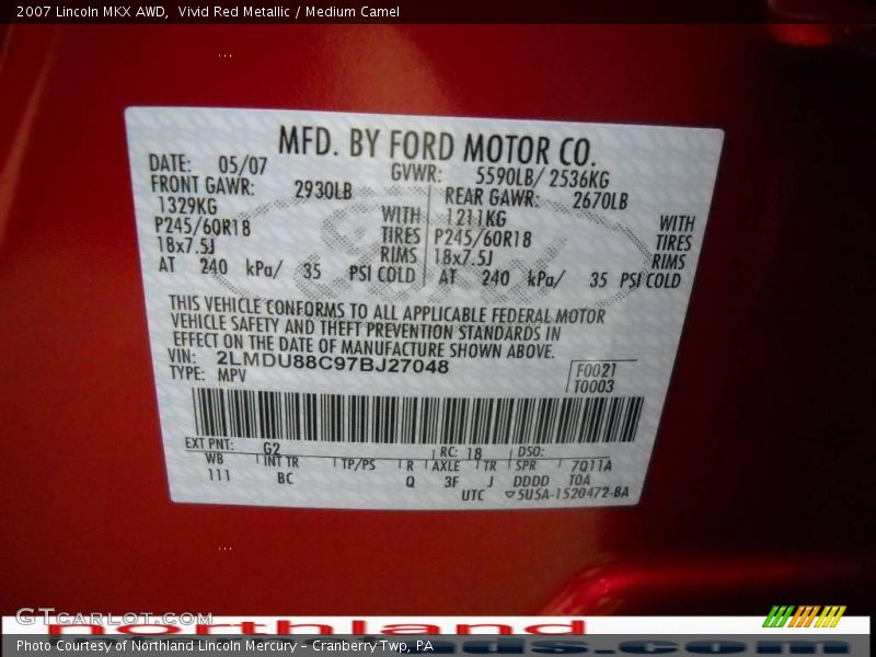 Vivid Red Metallic / Medium Camel 2007 Lincoln MKX AWD
