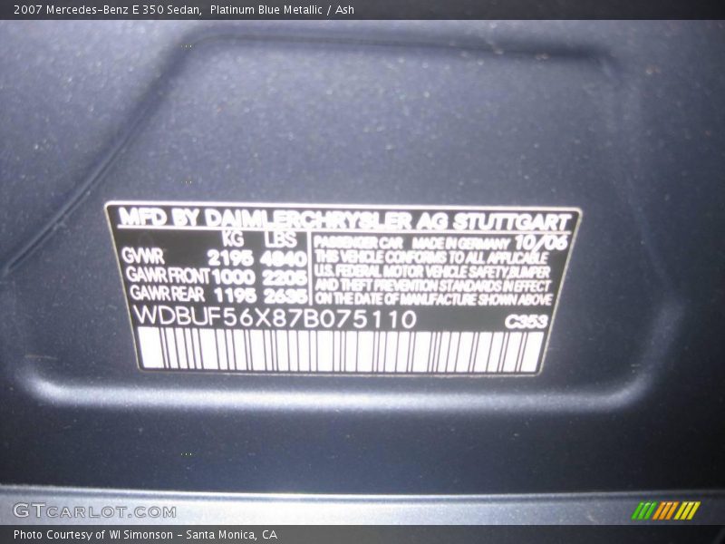 Platinum Blue Metallic / Ash 2007 Mercedes-Benz E 350 Sedan