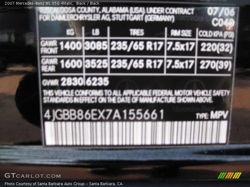 Black / Black 2007 Mercedes-Benz ML 350 4Matic