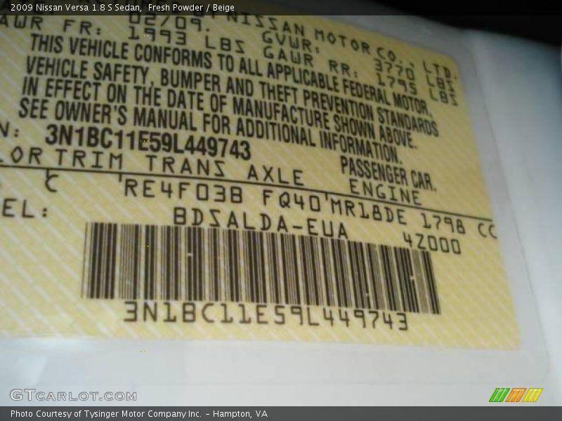 Fresh Powder / Beige 2009 Nissan Versa 1.8 S Sedan