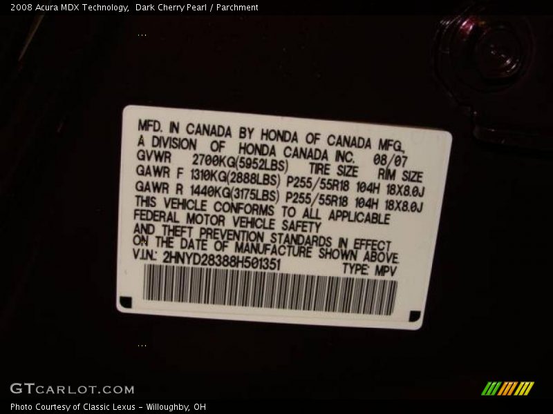 Dark Cherry Pearl / Parchment 2008 Acura MDX Technology