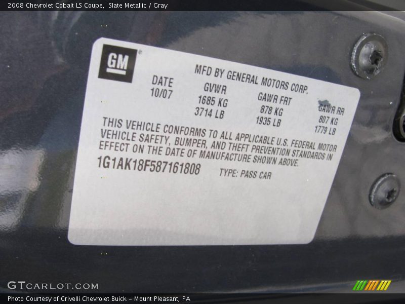 Slate Metallic / Gray 2008 Chevrolet Cobalt LS Coupe