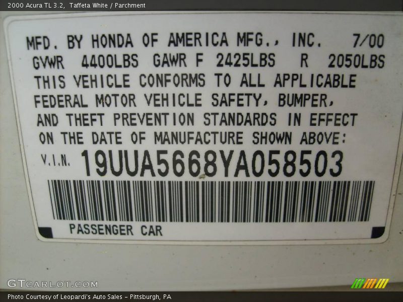 Taffeta White / Parchment 2000 Acura TL 3.2