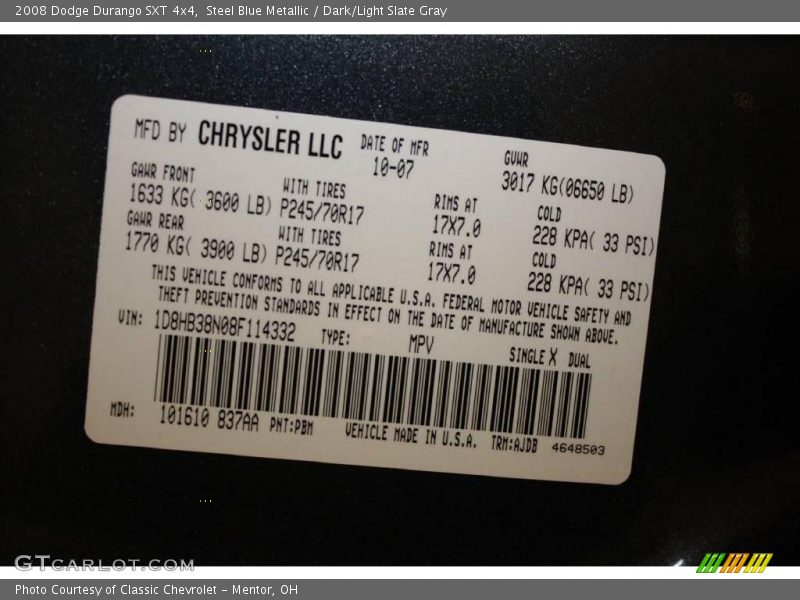 Steel Blue Metallic / Dark/Light Slate Gray 2008 Dodge Durango SXT 4x4