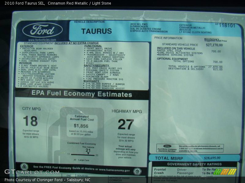  2010 Taurus SEL Window Sticker
