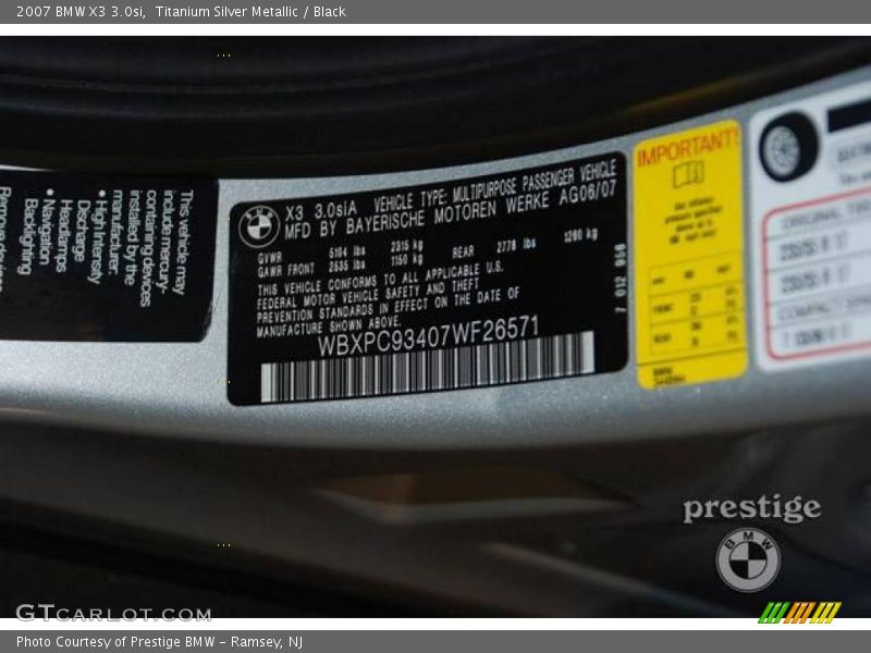 Titanium Silver Metallic / Black 2007 BMW X3 3.0si