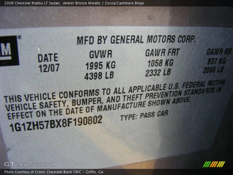 Amber Bronze Metallic / Cocoa/Cashmere Beige 2008 Chevrolet Malibu LT Sedan
