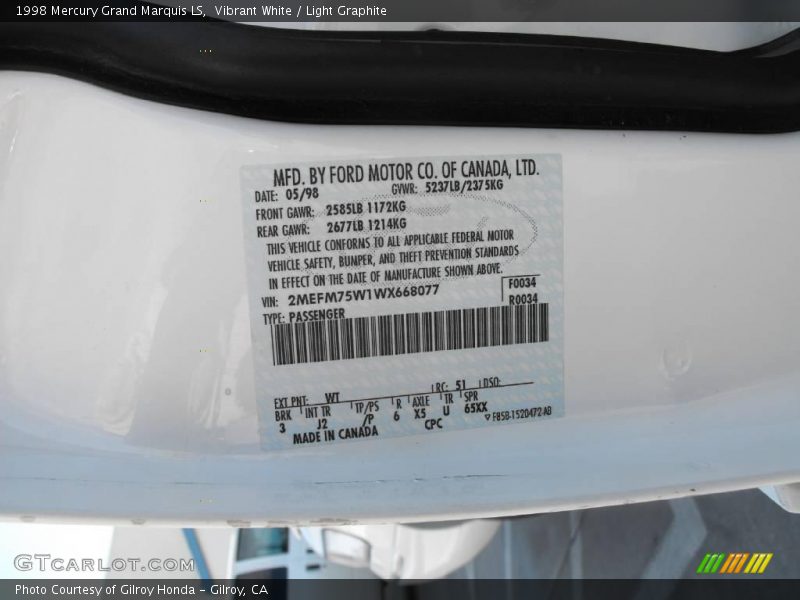 Vibrant White / Light Graphite 1998 Mercury Grand Marquis LS