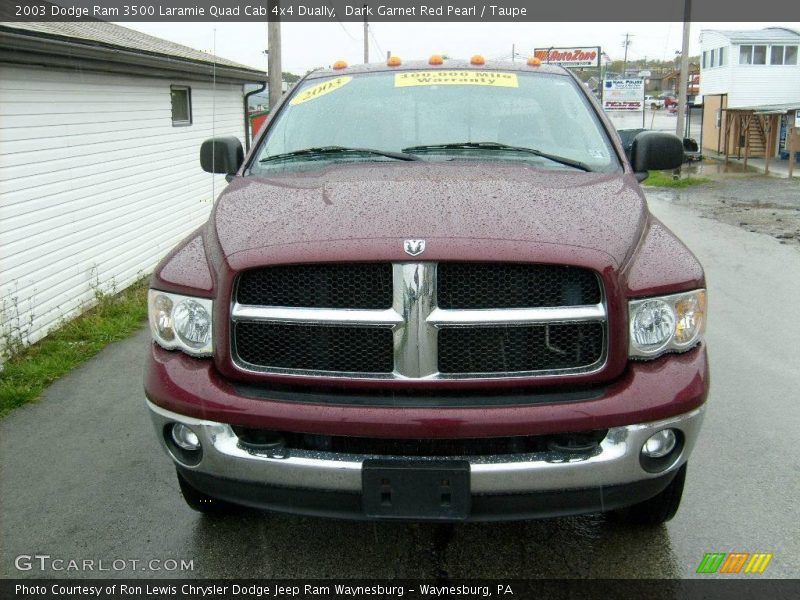Dark Garnet Red Pearl / Taupe 2003 Dodge Ram 3500 Laramie Quad Cab 4x4 Dually
