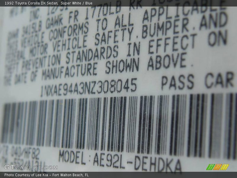 Super White / Blue 1992 Toyota Corolla DX Sedan