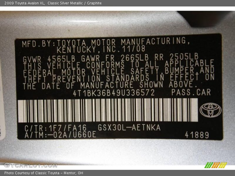 Classic Silver Metallic / Graphite 2009 Toyota Avalon XL