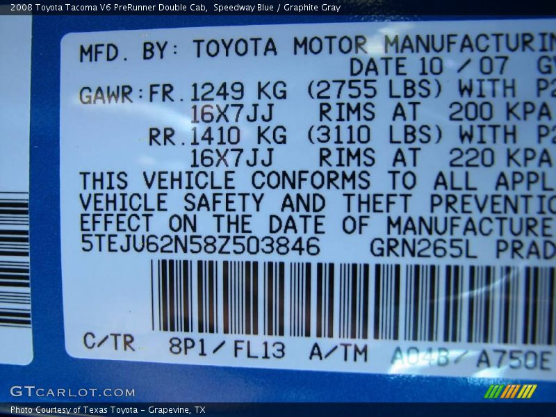 Speedway Blue / Graphite Gray 2008 Toyota Tacoma V6 PreRunner Double Cab