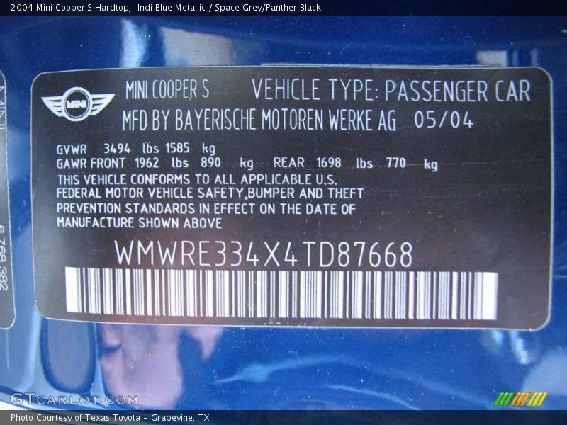 Indi Blue Metallic / Space Grey/Panther Black 2004 Mini Cooper S Hardtop