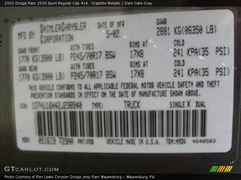 Graphite Metallic / Dark Slate Gray 2002 Dodge Ram 1500 Sport Regular Cab 4x4