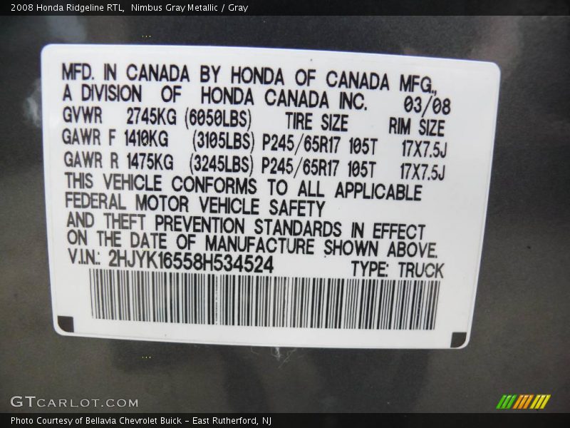Nimbus Gray Metallic / Gray 2008 Honda Ridgeline RTL