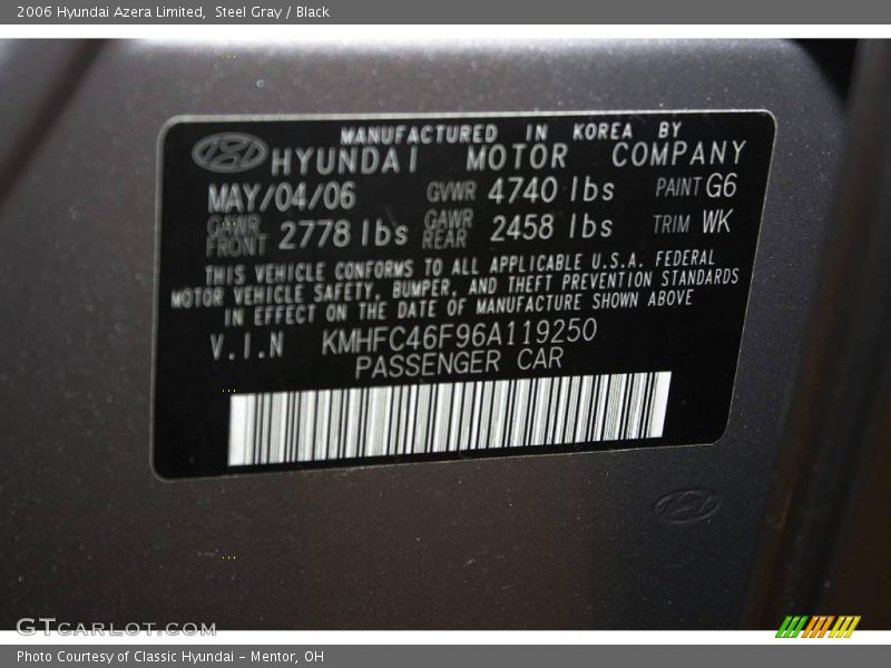 Steel Gray / Black 2006 Hyundai Azera Limited