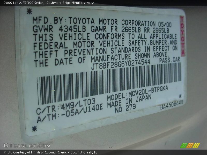 Cashmere Beige Metallic / Ivory 2000 Lexus ES 300 Sedan