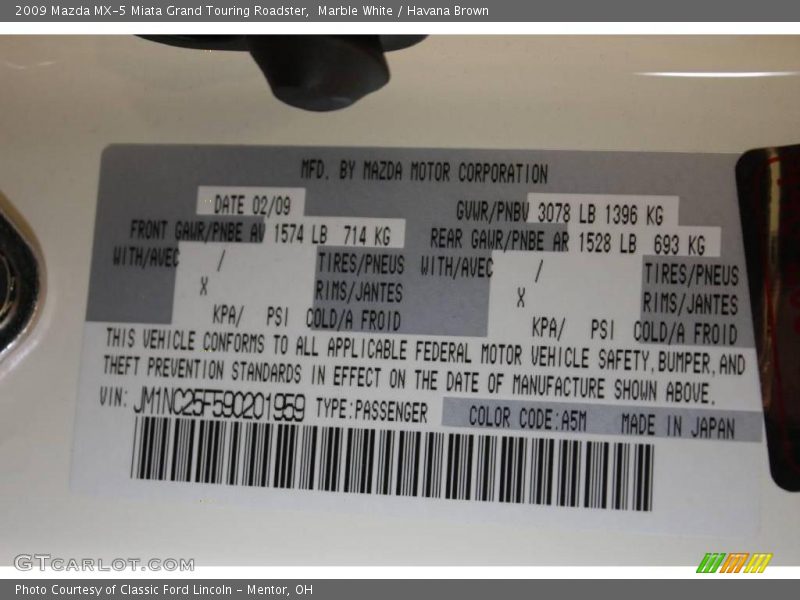 Marble White / Havana Brown 2009 Mazda MX-5 Miata Grand Touring Roadster