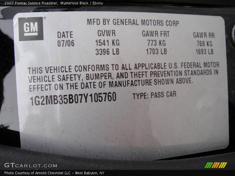 Mysterious Black / Ebony 2007 Pontiac Solstice Roadster