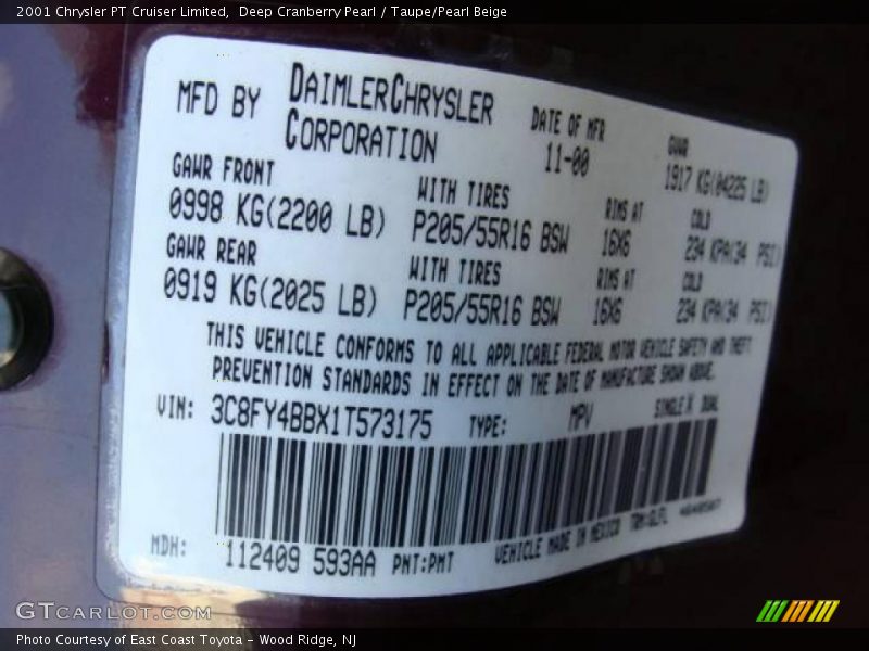 Deep Cranberry Pearl / Taupe/Pearl Beige 2001 Chrysler PT Cruiser Limited