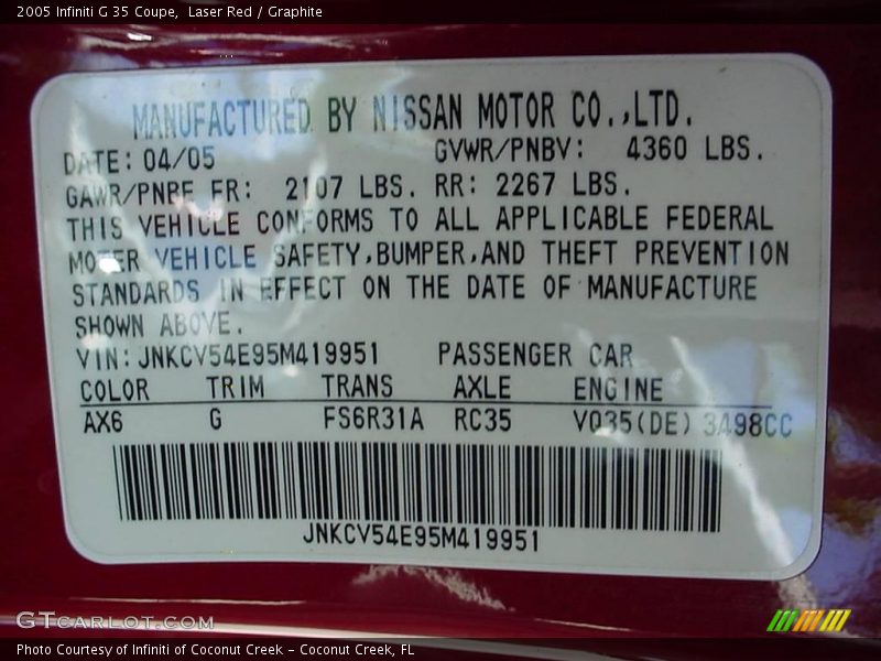 Laser Red / Graphite 2005 Infiniti G 35 Coupe