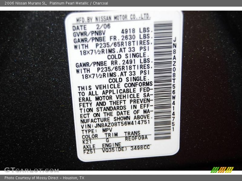 Platinum Pearl Metallic / Charcoal 2006 Nissan Murano SL