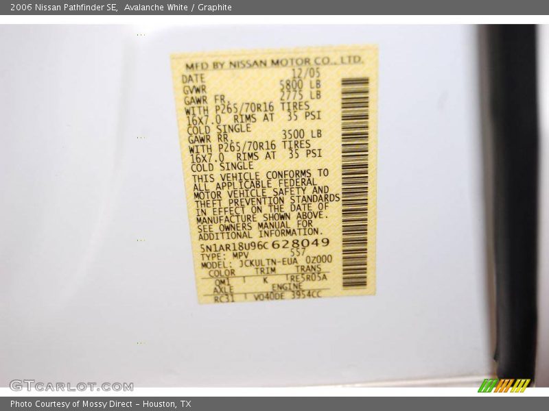 Avalanche White / Graphite 2006 Nissan Pathfinder SE