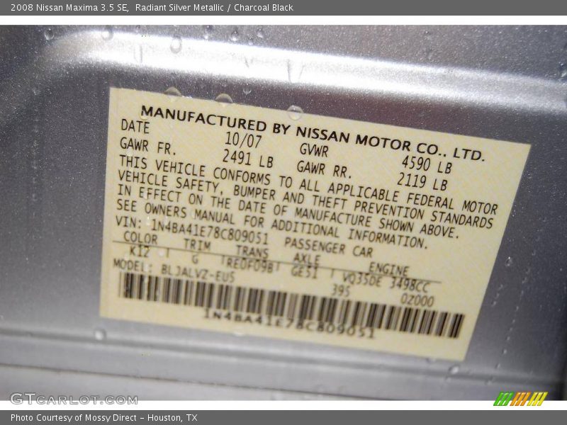 Radiant Silver Metallic / Charcoal Black 2008 Nissan Maxima 3.5 SE