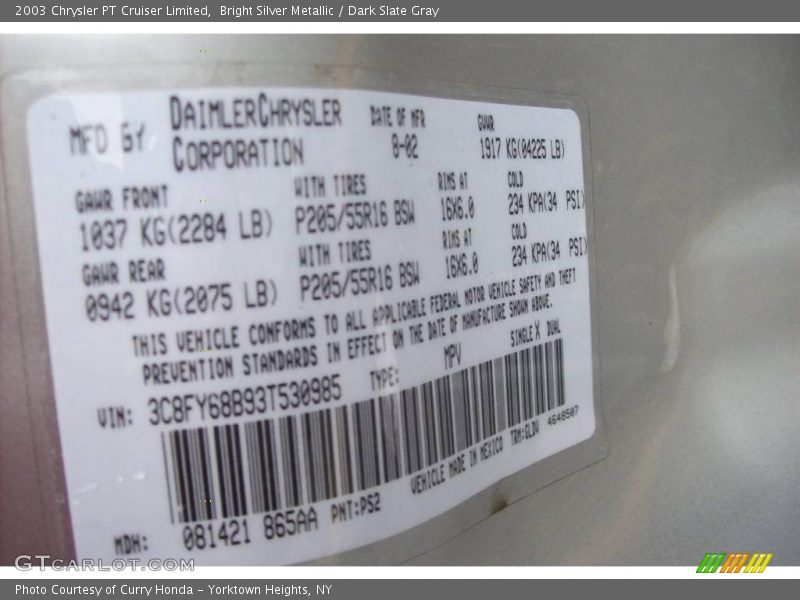Bright Silver Metallic / Dark Slate Gray 2003 Chrysler PT Cruiser Limited