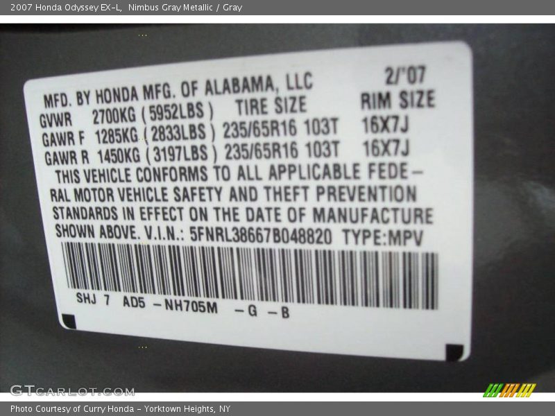 Nimbus Gray Metallic / Gray 2007 Honda Odyssey EX-L