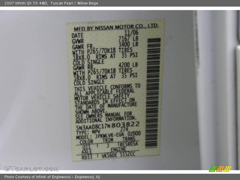 Tuscan Pearl / Willow Beige 2007 Infiniti QX 56 4WD