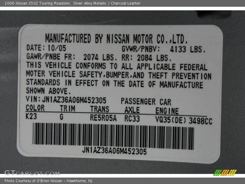 Silver Alloy Metallic / Charcoal Leather 2006 Nissan 350Z Touring Roadster