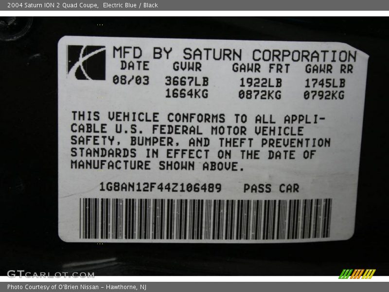 Electric Blue / Black 2004 Saturn ION 2 Quad Coupe