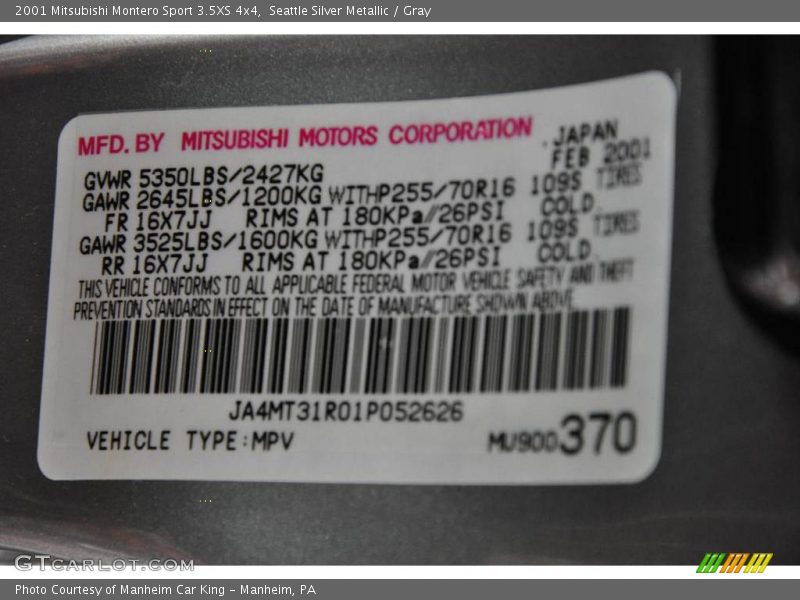 Seattle Silver Metallic / Gray 2001 Mitsubishi Montero Sport 3.5XS 4x4
